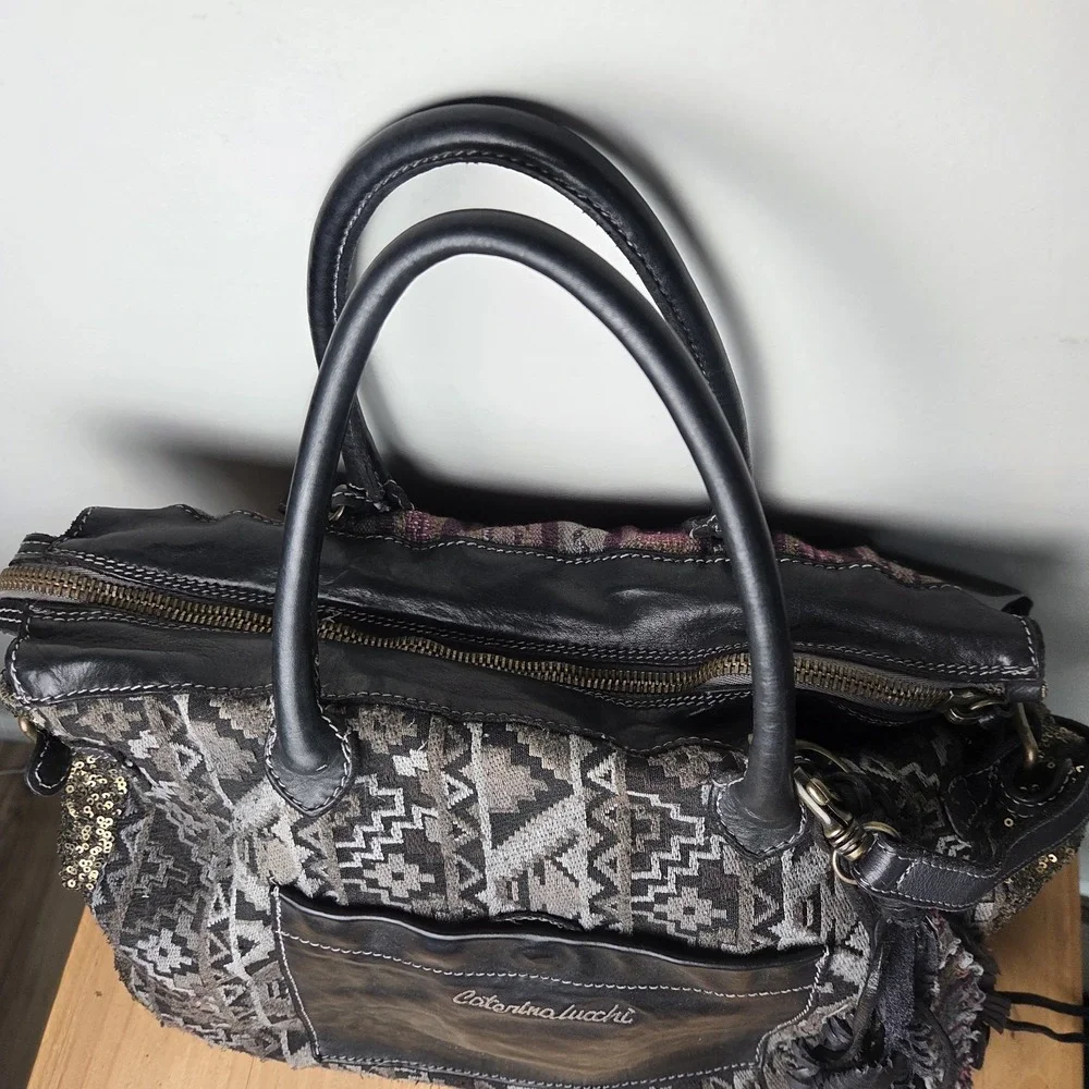 Caterina Lucchi Italy Leather Tapestry Sequin Boho Tote Shoulder Bag Fringe